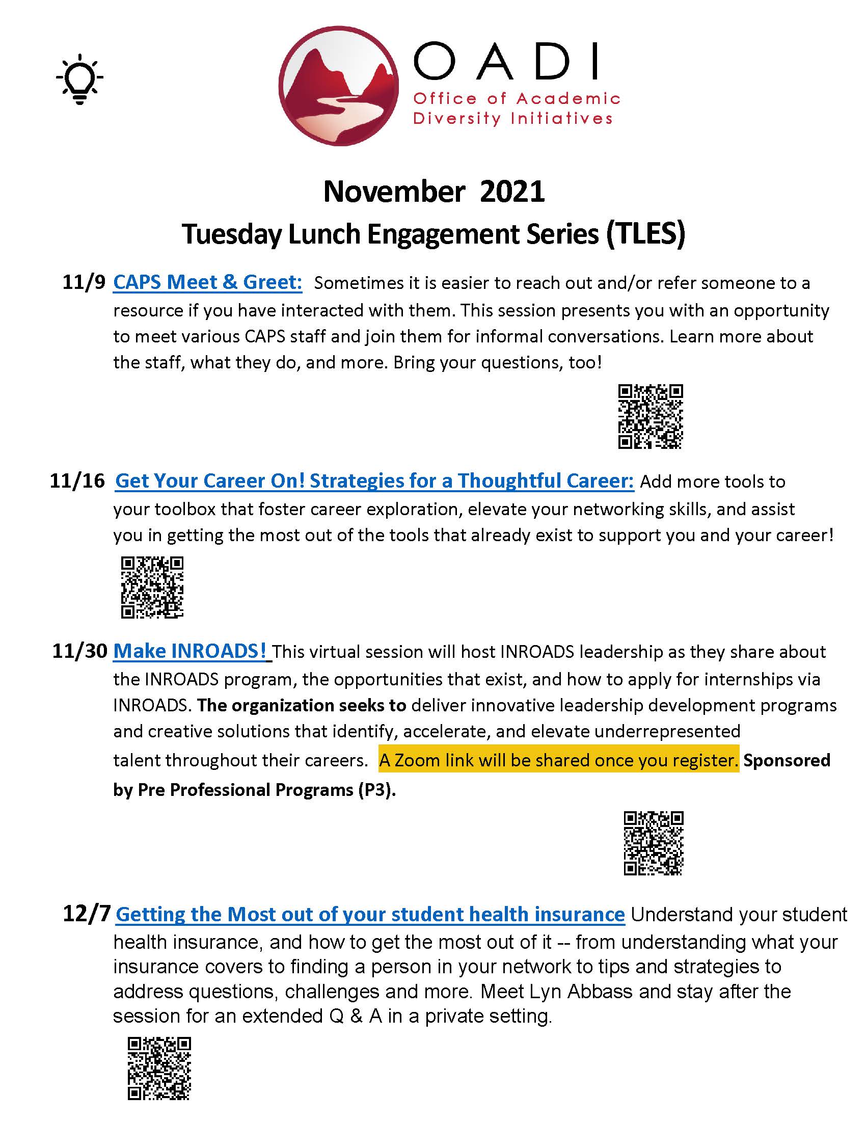 Flyer with descriptions of the November and December 2021 Tuesday Lunch Engagement Series events