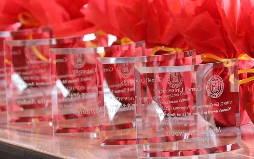 Glass awards in front of wrapped red gifts on a table at the EOP/HEOP end of the year event