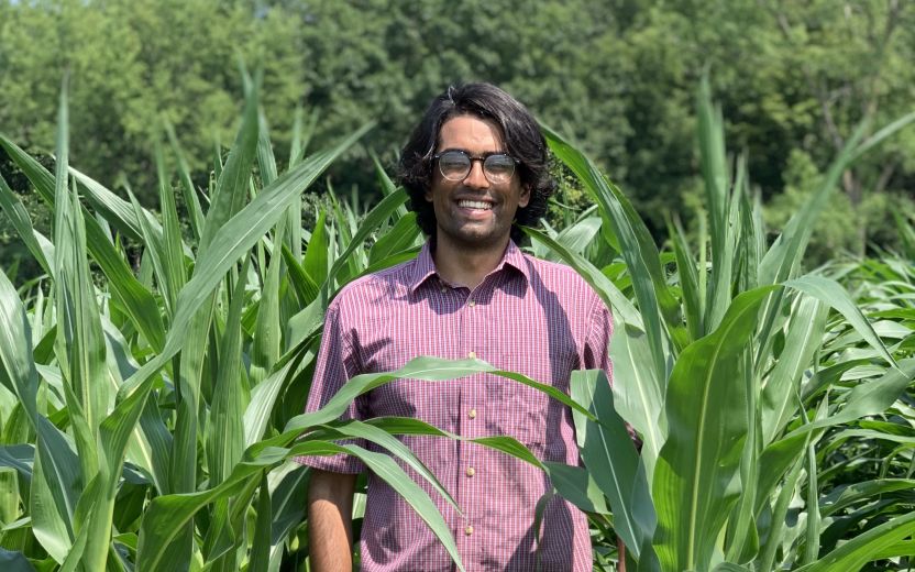 Adam Sharifi is standing in a field of corn and smiling at the camera